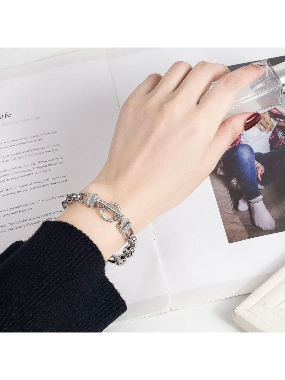 Punk Solid Silver Bracelet for Men & Women, 925 Sterling Rolo Chain Bangle, Hip